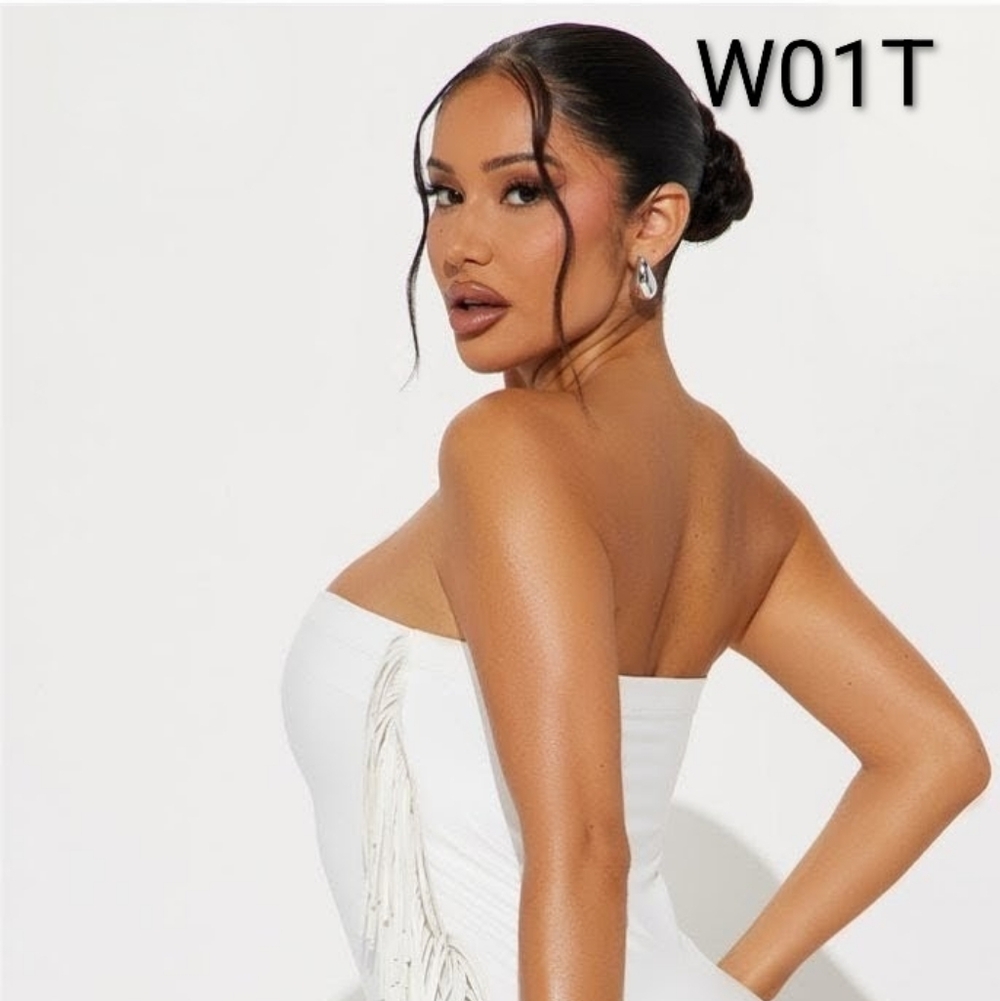 Fashion Nova White Strapless Fringe Dress
